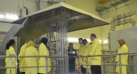 9 people wearing yellow protective suits, gathering by a machine in the National Nuclear Energy Agency facility.