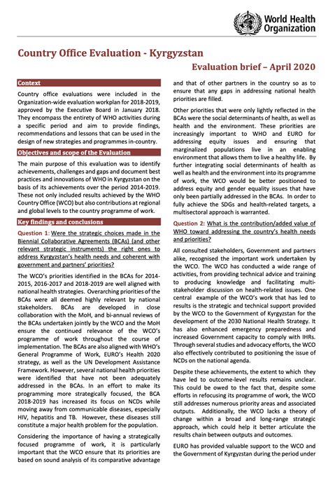 Kyrgyzstan Country Office - Evaluation Brief - April 2020